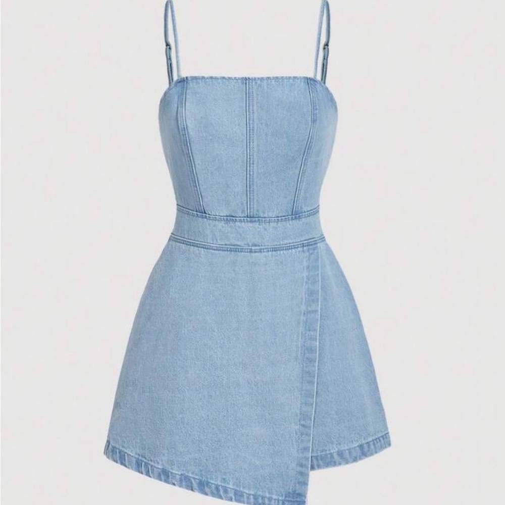 Light Blue Denim A-Line romper with Spaghetti Straps
